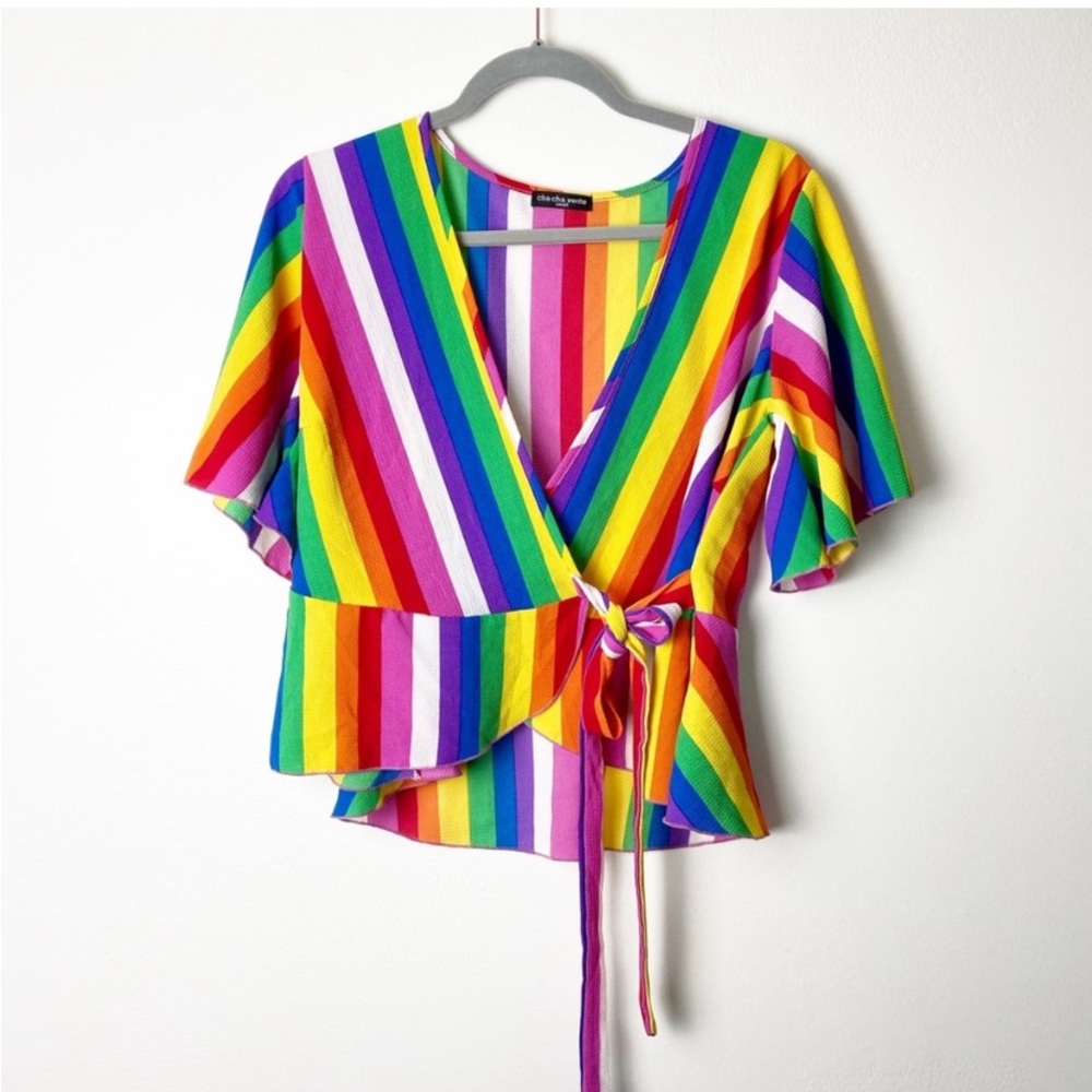 CHA CHA VENTE Rainbow Stripe Wrap Top Pride Sz S
